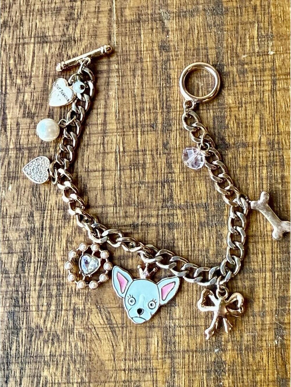 Betsey Johnson Love Me Chihuahua Dog Bone Heart CharmBracelet Rare Rose Gold